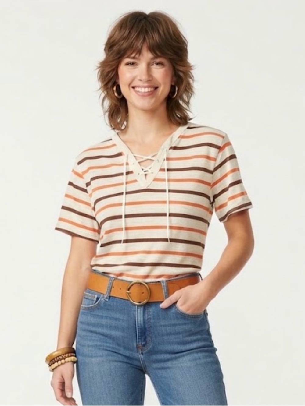 Vintage 70s Striped Lace Up V-Neck T-Shirt Brown Orange Retro Single Stitch S/M